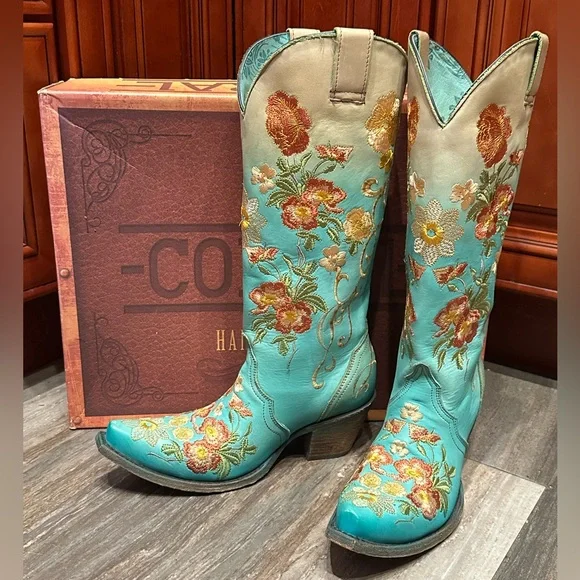 Corral Cowboy Boots C3304 Floral Turquoise Flower Embroidered 7 Rare Wedding - Picture 3 of 10